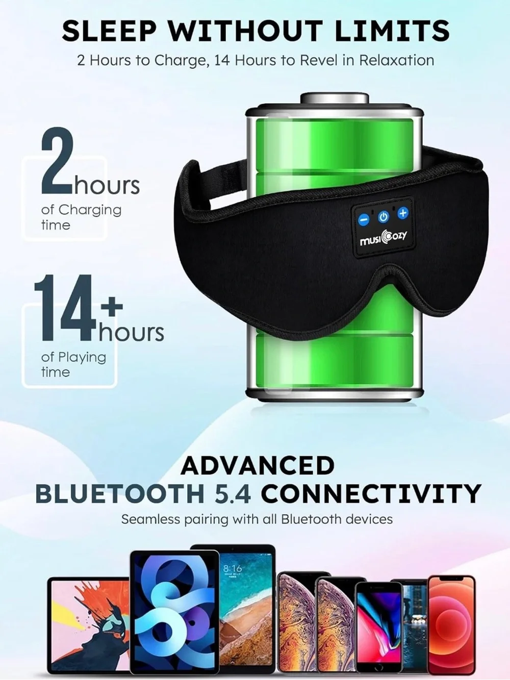 MUSICOZY Bluetooth 5.4 Sleep Headphones Sleeping Eye Mask Earbuds Headband NEW